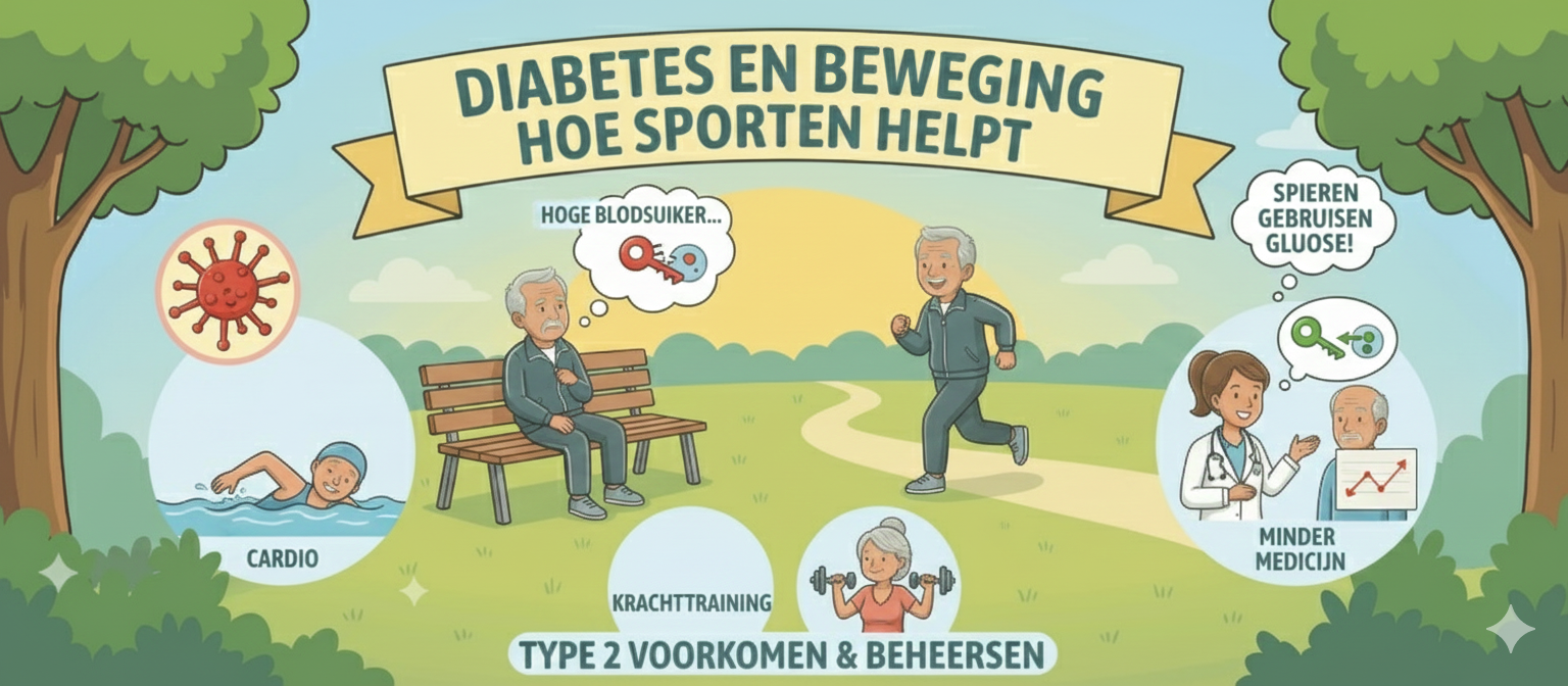 Cartoonafbeelding in de stijl van de geüploade afbeelding, met de titel 'Diabetes en Beweging: Hoe sporten helpt'. Centraal is een parklandschap. Links zit een oudere man op een bankje met een gedachtewolk die een 'sleutel' (insuline) toont die niet past, en de tekst 'Hoge bloedsuiker...'. Rechts rent dezelfde oudere man in een trainingspak, vrolijk en fit. Zijn gedachtewolk zegt 'Spieren gebruiken glucose!'. Onderin staan symbolen voor 'Cardio' (zwemmer) en 'Krachtraining' (oude vrouw met gewichten). Rechtsonder overlegt de man met een dokter over een grafiek met de tekst 'Minder medicijn'. De ondertitel luidt 'Type 2 Voorkomen & Beheersen'.