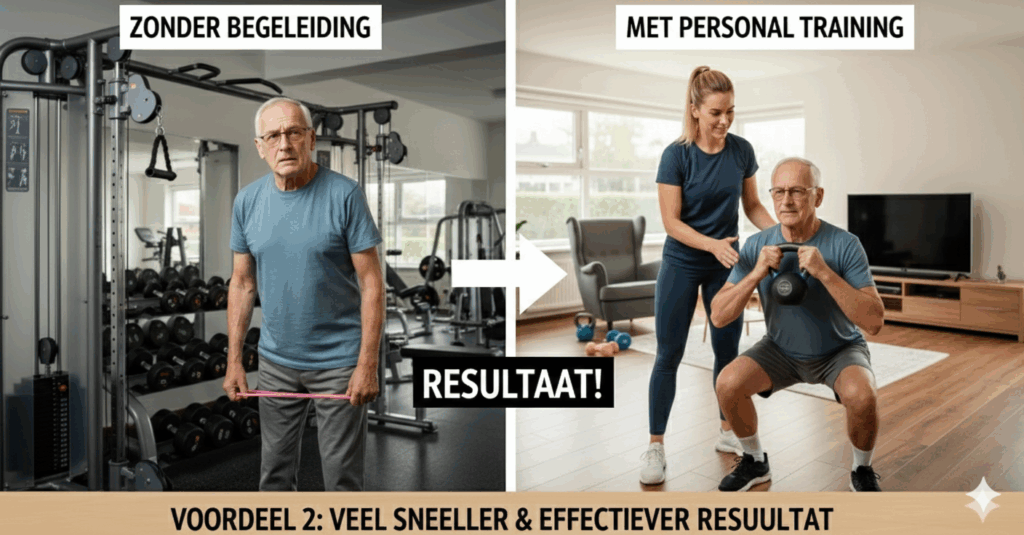 A split image showing the contrast between training alone and with a personal trainer. Left panel ("ZONDER BEGELEIDING" - Without Guidance): An older man looking uncertain while using a resistance band in a gym. Right panel ("MET PERSONAL TRAINING" - With Personal Training): The same man confidently performing a kettlebell squat with guidance from a female trainer in a living room. The text below reads: "VOORDEEL 2: VEEL SNEELLER & EFFECTIEVER RESULTAAT" (ADVANTAGE 2: MUCH FASTER & MORE EFFECTIVE RESULT).