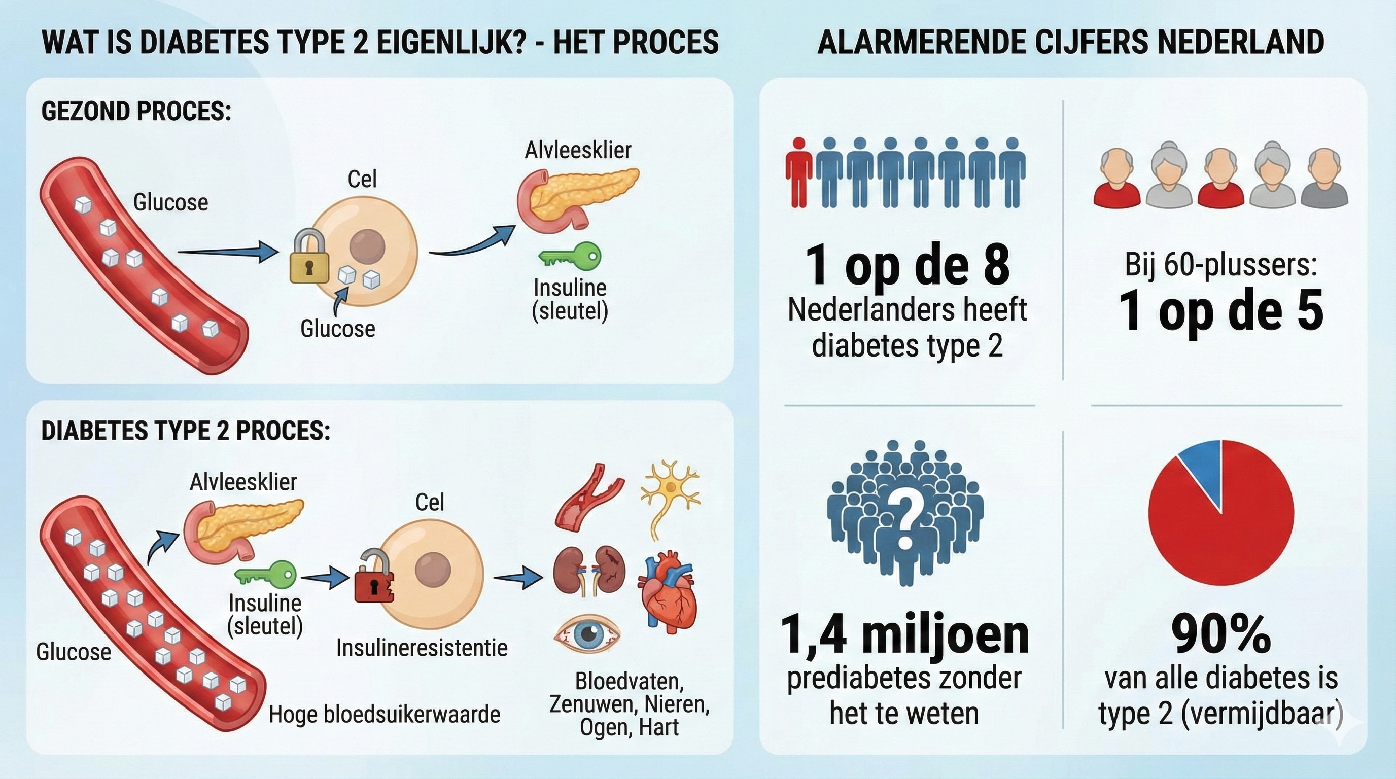 Een tweedelige infographic. Links wordt het biologische proces van diabetes type 2 uitgelegd, met een vergelijking tussen een 'Gezond proces' en een 'Diabetes type 2 proces' waarbij insuline als sleutel fungeert voor glucoseopname in een cel. Rechts toont 'Alarmerende cijfers Nederland', met statistieken: 1 op de 8 Nederlanders, 1 op de 5 60-plussers, 1,4 miljoen met prediabetes en 90% type 2
