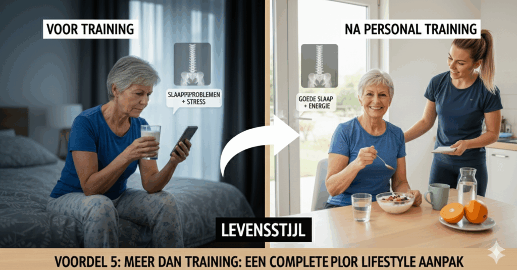 A side-by-side comparison of an older woman's lifestyle. Left panel ("VOOR TRAINING" - Before Training): The woman sits on a bed, looking stressed and checking her phone while holding a glass of milk, with an x-ray graphic showing "SLAAPPROBLEMEN + STRESS" (Sleep Problems + Stress). Right panel ("NA PERSONAL TRAINING" - After Personal Training): The woman is smiling, eating a healthy breakfast with a trainer, with a graphic showing "GOEDE SLAAP + ENERGIE" (Good Sleep + Energy). The title is "LEBENSSTIJL" (Lifestyle). The bottom text states: "VOORDEEL 5: MEER DAN TRAINING: EEN COMPLETE PLOR LIFESTYLE AANPAK" (ADVANTAGE 5: MORE THAN TRAINING: A COMPLETE PLOR LIFESTYLE APPROACH).