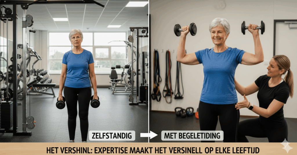 A split image showing an older woman in a gym. The left panel, labeled "ZELFSTANDIG" (Independent), shows her standing with dumbbells looking uncertain. The right panel, labeled "MET BEGELEIDING" (With Guidance), shows her happily performing a shoulder press with a young personal trainer assisting. The text below reads: "HET VERSCHIL: EXPERTISE MAAKT HET VERSNELL OP ELKE LEEFTIJD" (THE DIFFERENCE: EXPERTISE ACCELERATES IT AT ANY AGE).
