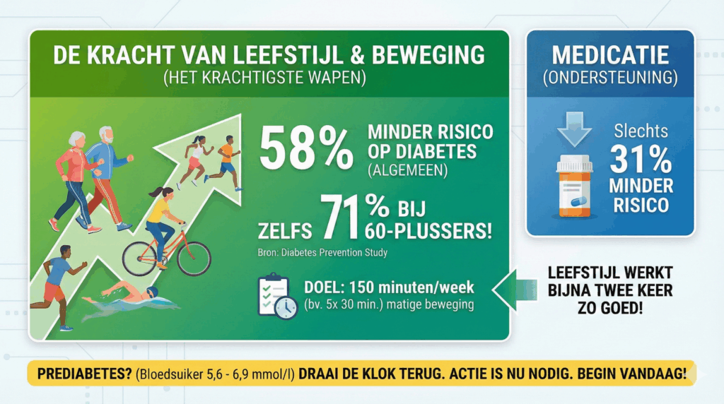 Infographic met de titel 'DE KRACHT VAN LEEFSTIJL & BEWEGING (HET KRACHTIGSTE WAPEN)'. Het toont aan dat leefstijlaanpassingen het risico op diabetes met 58% verlagen (algemeen) en zelfs met 71% bij 60-plussers, volgens de Diabetes Prevention Study. Het doel is 150 minuten matige beweging per week. Dit wordt vergeleken met medicatie, die het risico slechts met 31% verlaagt. De conclusie is: 'LEEFSTIJL WERKT BIJNA TWEE KEER ZO GOED!'. Onderaan staat een oproep voor mensen met prediabetes om nu actie te ondernemen
