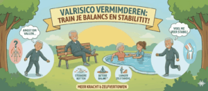 Cartoonafbeelding in de stijl van de geüploade afbeeldingen, met de titel 'VALRISICO VERMINDEREN: TRAIN JE BALANS EN STABILITEIT'. De afbeelding toont een oudere man die links wankel op één been staat met een gedachtewolk die 'Angst om te vallen...' bevat. Rechts staat dezelfde man zelfverzekerd in een hiel-teen stand, met een glimlach en een gedachtewolk die zegt: 'Voel me weer stabiel!'. De ondertitel luidt 'MEER KRACHT & ZELFVERTROUWEN'.
