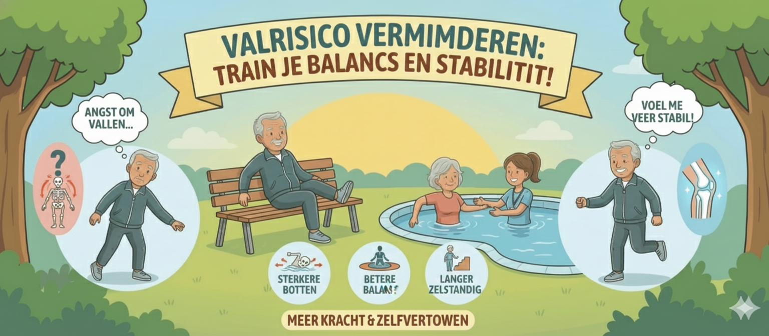 Cartoonafbeelding in de stijl van de geüploade afbeeldingen, met de titel 'VALRISICO VERMINDEREN: TRAIN JE BALANS EN STABILITEIT'. De afbeelding toont een oudere man die links wankel op één been staat met een gedachtewolk die 'Angst om te vallen...' bevat. Rechts staat dezelfde man zelfverzekerd in een hiel-teen stand, met een glimlach en een gedachtewolk die zegt: 'Voel me weer stabiel!'. De ondertitel luidt 'MEER KRACHT & ZELFVERTROUWEN'.