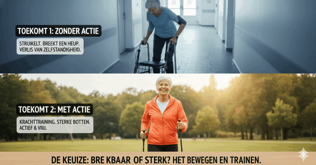 Two contrasting scenes: The top shows an elderly woman struggling to walk with a wheeled walker in a hospital hallway, with text reading "TOEKOMST 1: ZONDER ACTIE" (Future 1: Without Action) and describing the risks of falling and loss of independence. The bottom shows the same woman, looking happy and strong, Nordic walking outdoors in a sunny park, with text reading "TOEKOMST 2: MET ACTIE" (Future 2: With Action) and describing the benefits of strength training, strong bones, and being active and free. A banner at the bottom states: "DE KEUZE: BREKBAAR OF STERK? HET BEWEGEN EN TRAINEN." (The Choice: Brittle or Strong? Moving and Training.)