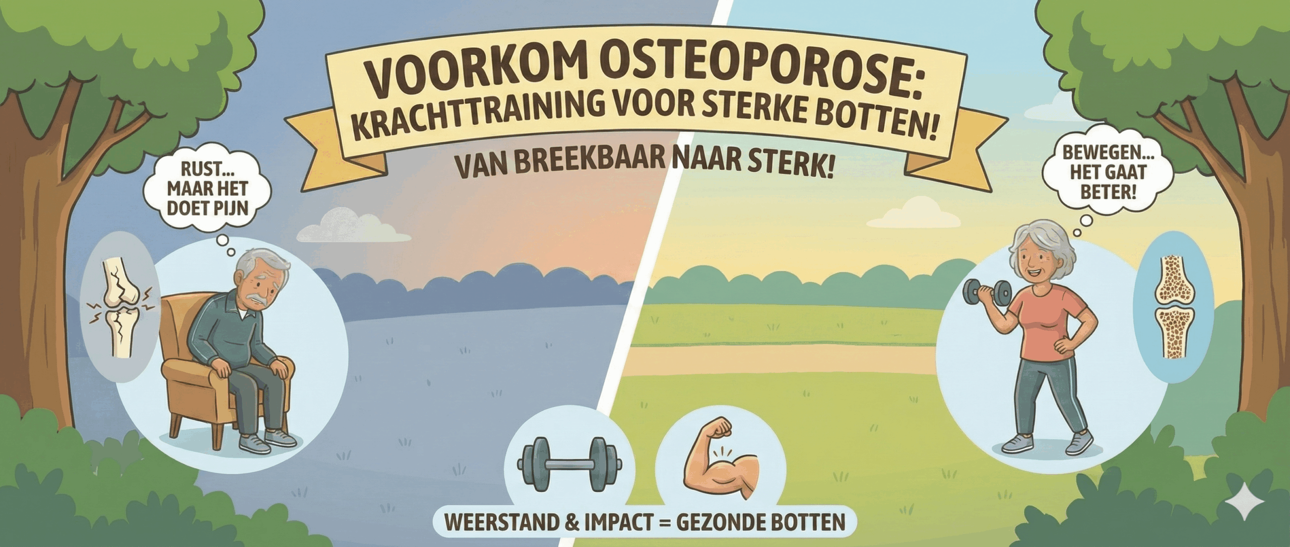 Illustratie die toont hoe krachttraining osteoporose voorkomt en botten versterkt, in tegenstelling tot rust nemen.