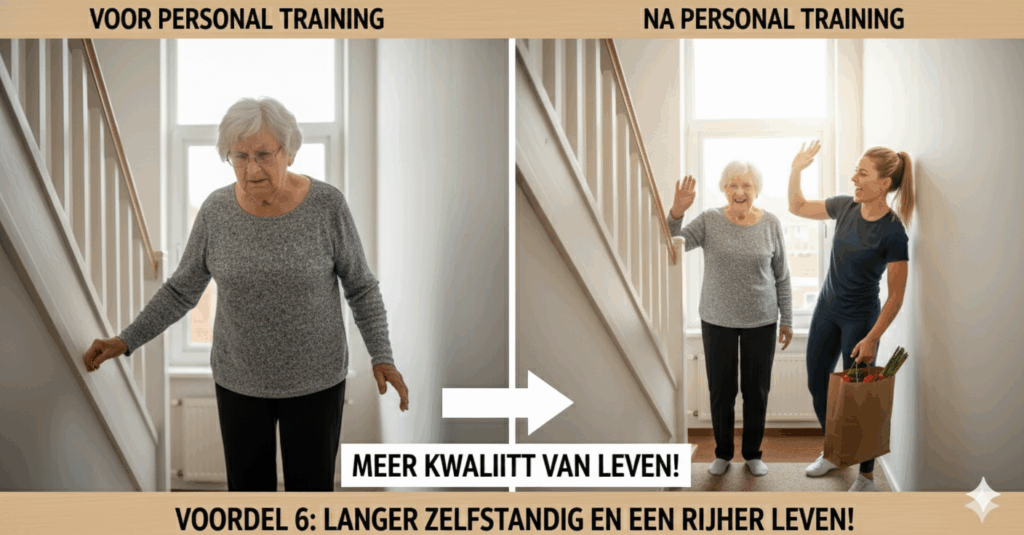 A side-by-side comparison of an older woman's lifestyle. Left panel ("VOOR TRAINING" - Before Training): The woman sits on a bed, looking stressed and checking her phone while holding a glass of milk, with an x-ray graphic showing "SLAAPPROBLEMEN + STRESS" (Sleep Problems + Stress). Right panel ("NA PERSONAL TRAINING" - After Personal Training): The woman is smiling, eating a healthy breakfast with a trainer, with a graphic showing "GOEDE SLAAP + ENERGIE" (Good Sleep + Energy). The title is "LEBENSSTIJL" (Lifestyle). The bottom text states: "VOORDEEL 5: MEER DAN TRAINING: EEN COMPLETE PLOR LIFESTYLE AANPAK" (ADVANTAGE 5: MORE THAN TRAINING: A COMPLETE PLOR LIFESTYLE APPROACH).
