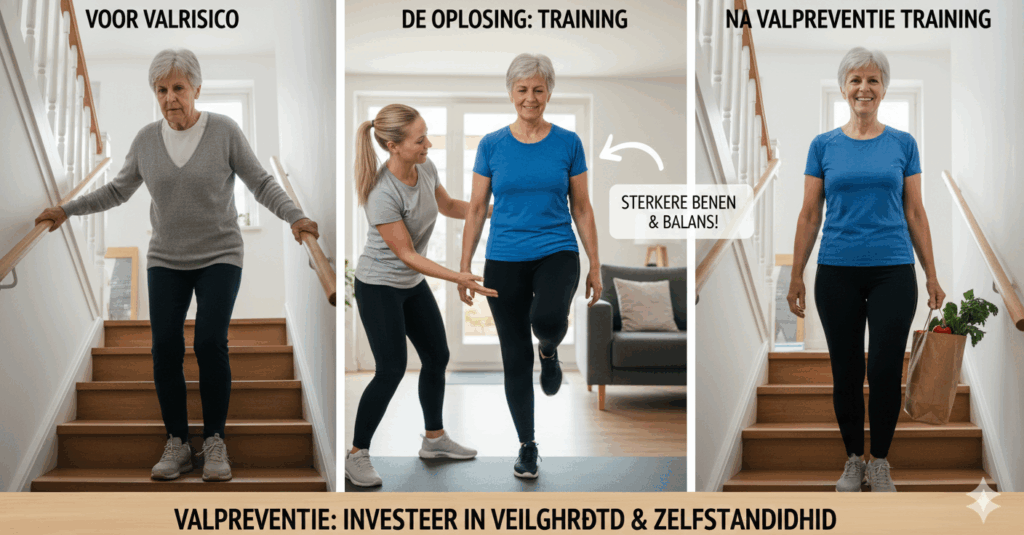 A Dutch infographic titled "STABILITEITSOEFENINGEN: JE WEG NAAR EEN ZEKER EVENWICHT" (Stability exercises: Your path to sure balance). It shows four steps for improving balance in seniors: 1) STRONGER MUSCLES (Sterkere Spieren) with an older man exercising; 2) IMPROVED COORDINATION (Verbeterde Coördinatie) with an older woman balancing; 3) FASTER REACTION (Snellere Reactie) with an older man catching a fall; and 4) MORE SELF-CONFIDENCE (Meer Zelfvertrouwen) with an older couple walking. The text below confirms the process is "WETENSCHAPPELIJK BEWEZEN: MINDER VALRISICO & MEER VRIJHEID" (Scientifically proven: Less fall risk & more freedom)