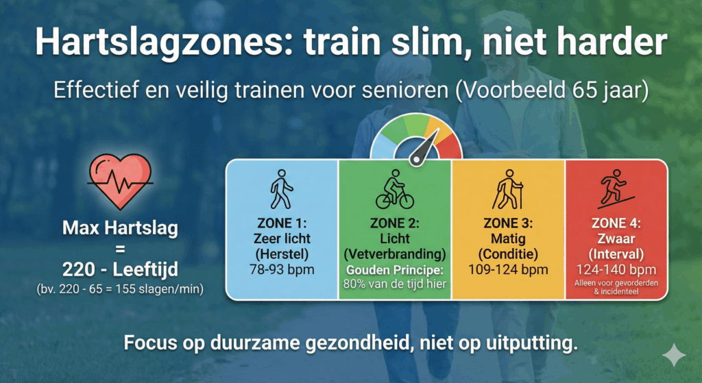 Infographic over hartslagzones voor senioren (voorbeeld 65 jaar), met een formule voor maximale hartslag en een meter die vier zones (78-140 bpm) en de aanbevolen Zone 2 toont