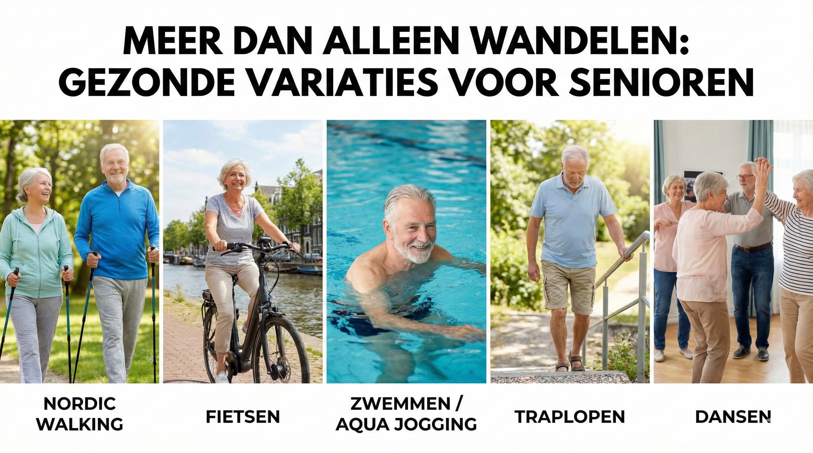 Een horizontale afbeelding van actieve senioren in een zonnig park. Op de voorgrond doet een oudere dame aan Nordic walking en op de achtergrond fietst een man, wat de variatie in beweging illustreert. De afbeelding bevat de tekst: 'VARIATIE IN BEWEGING: Meer dan alleen wandelen