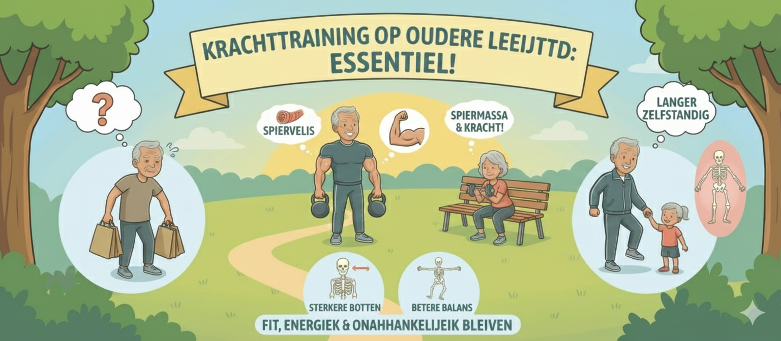 Cartoonafbeelding in de stijl van de geüploade afbeelding, met de titel 'Diabetes en Beweging: Hoe sporten helpt'. Centraal is een parklandschap. Links zit een oudere man op een bankje met een gedachtewolk die een 'sleutel' (insuline) toont die niet past, en de tekst 'Hoge bloedsuiker...'. Rechts rent dezelfde oudere man in een trainingspak, vrolijk en fit. Zijn gedachtewolk zegt 'Spieren gebruiken glucose!'. Onderin staan symbolen voor 'Cardio' (zwemmer) en 'Krachtraining' (oude vrouw met gewichten). Rechtsonder overlegt de man met een dokter over een grafiek met de tekst 'Minder medicijn'. De ondertitel luidt 'Type 2 Voorkomen & Beheersen'.