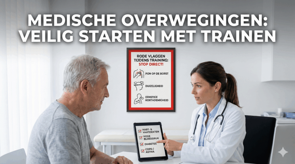 Een foto van een medisch consult waarbij een vrouwelijke arts een oudere man adviseert over veilig sporten. De arts wijst op een tablet met een checklist van risicofactoren zoals hartziekten en diabetes. Aan de muur hangt een poster met 'RODE VLAGGEN' zoals pijn op de borst. De hoofdtekst in de afbeelding is: 'MEDISCHE OVERWEGINGEN: VEILIG STARTEN MET TRAINEN