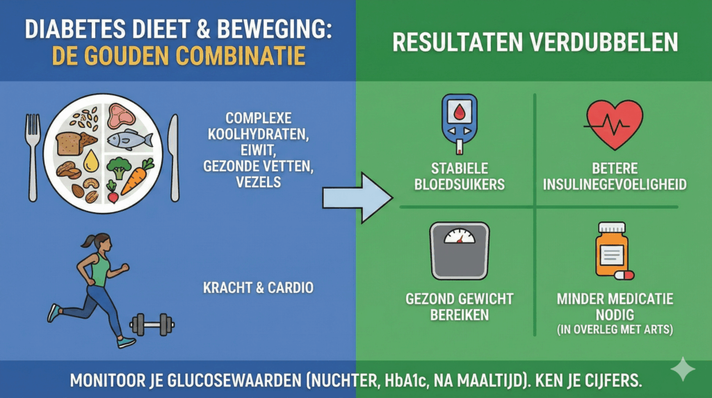 Infographic met de titel 'DIABETES DIEET & BEWEGING: DE GOUDEN COMBINATIE'. Links wordt een gezond bord met complexe koolhydraten en een sportend persoon getoond. Rechts staan de verdubbelde resultaten: stabiele bloedsuikers, betere insulinegevoeligheid, gezond gewicht bereiken en minder medicatie nodig. Onderaan staat de oproep om glucosewaarden te monitoren.