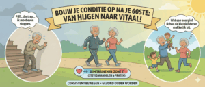 Cartoonillustratie met de hoofdtitel "BOUW JE CONDITIE OP NA JE 60STE: VAN HIJGEN NAAR VITAAL!". Links staat een vermoeide oudere man hijgend op een trap. In het midden wandelt een ouder stel stevig door een park, met een meter die wijst op "SLIM TRAINEN IN 'ZONE 2'". Rechts speelt hetzelfde stel energiek met hun kleinkinderen in de zon. De tekst onderaan luidt: "CONSISTENT BEWEGEN = GEZOND OUDER WORDEN".