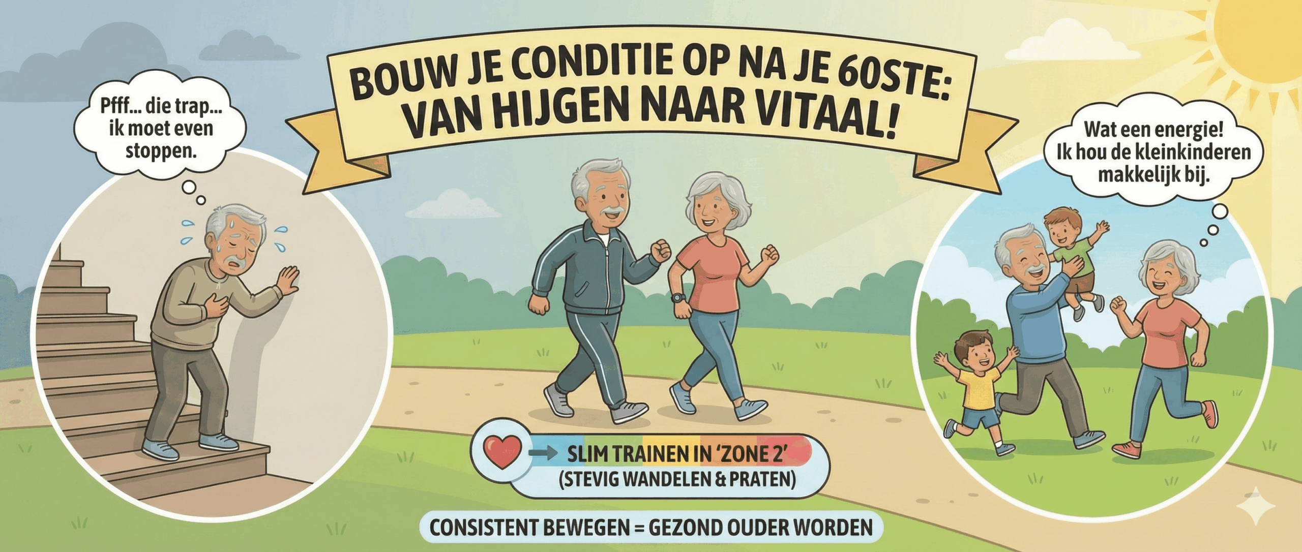 Cartoonillustratie met de hoofdtitel "BOUW JE CONDITIE OP NA JE 60STE: VAN HIJGEN NAAR VITAAL!". Links staat een vermoeide oudere man hijgend op een trap. In het midden wandelt een ouder stel stevig door een park, met een meter die wijst op "SLIM TRAINEN IN 'ZONE 2'". Rechts speelt hetzelfde stel energiek met hun kleinkinderen in de zon. De tekst onderaan luidt: "CONSISTENT BEWEGEN = GEZOND OUDER WORDEN".