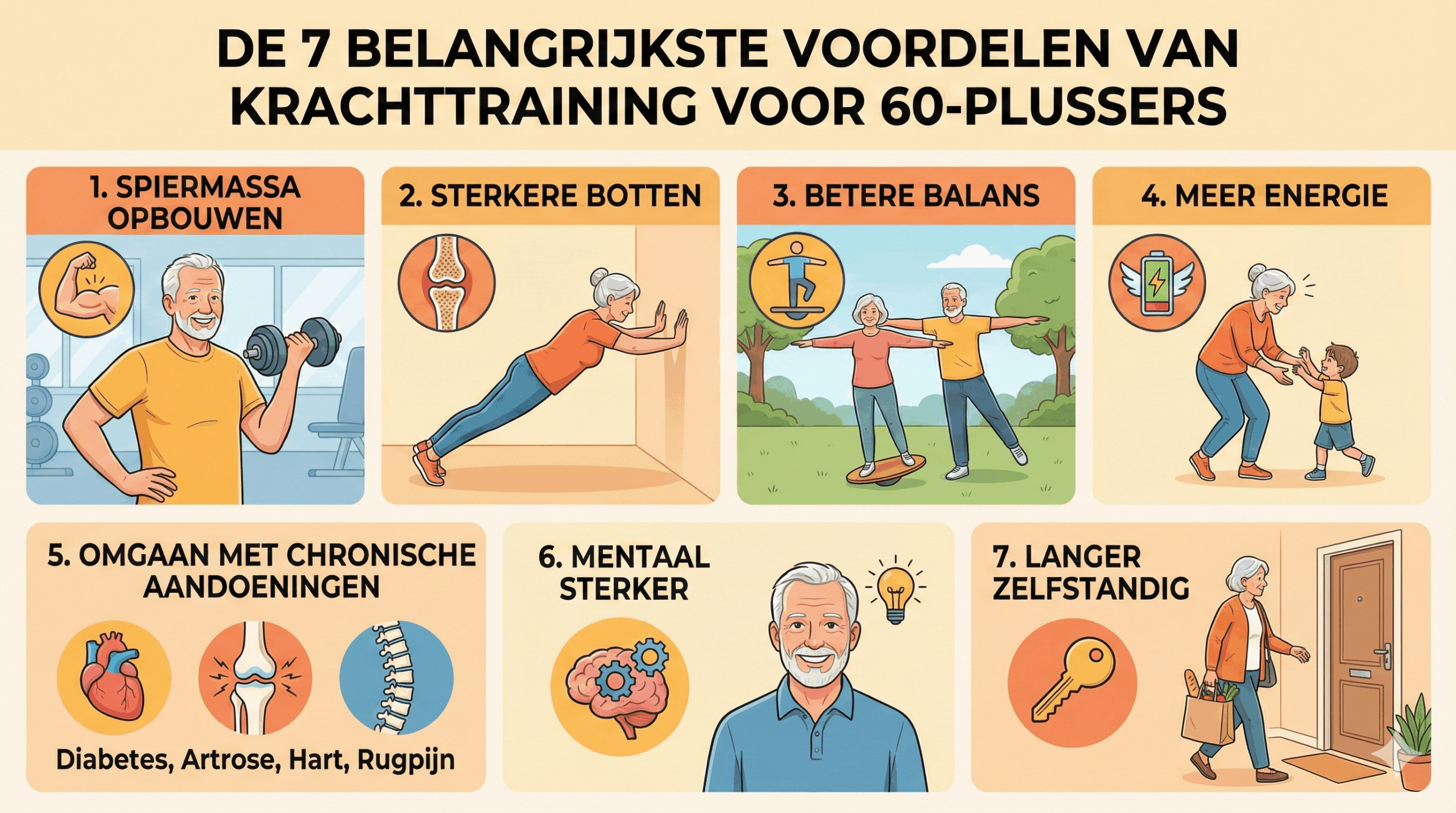 Minimalistische infographic die de 7 belangrijkste voordelen van krachttraining voor 60-plussers opsomt, van spiermassa opbouwen tot langer zelfstandig blijven.