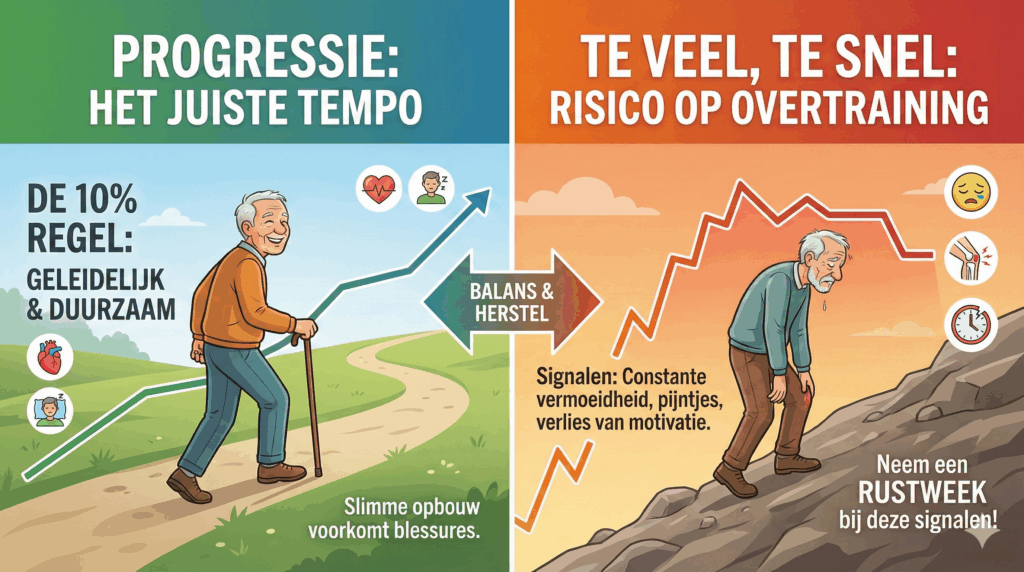 Een tweedelige infographic over trainingsopbouw voor senioren. Links (groen, 'PROGRESSIE: HET JUISTE TEMPO') toont een blije, wandelende man op een geleidelijk pad, met tekst over de 10%-regel en duurzame opbouw. Rechts (oranje, 'TE VEEL, TE SNEL: RISICO OP OVERTRAINING') toont dezelfde man vermoeid op een steil pad, met waarschuwingen voor signalen van overtraining en het advies voor een rustweek. In het midden staat 'BALANS & HERSTEL