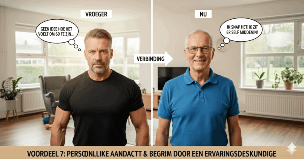 A side-by-side comparison of an older woman's lifestyle. Left panel ("VOOR TRAINING" - Before Training): The woman sits on a bed, looking stressed and checking her phone while holding a glass of milk, with an x-ray graphic showing "SLAAPPROBLEMEN + STRESS" (Sleep Problems + Stress). Right panel ("NA PERSONAL TRAINING" - After Personal Training): The woman is smiling, eating a healthy breakfast with a trainer, with a graphic showing "GOEDE SLAAP + ENERGIE" (Good Sleep + Energy). The title is "LEBENSSTIJL" (Lifestyle). The bottom text states: "VOORDEEL 5: MEER DAN TRAINING: EEN COMPLETE PLOR LIFESTYLE AANPAK" (ADVANTAGE 5: MORE THAN TRAINING: A COMPLETE PLOR LIFESTYLE APPROACH).