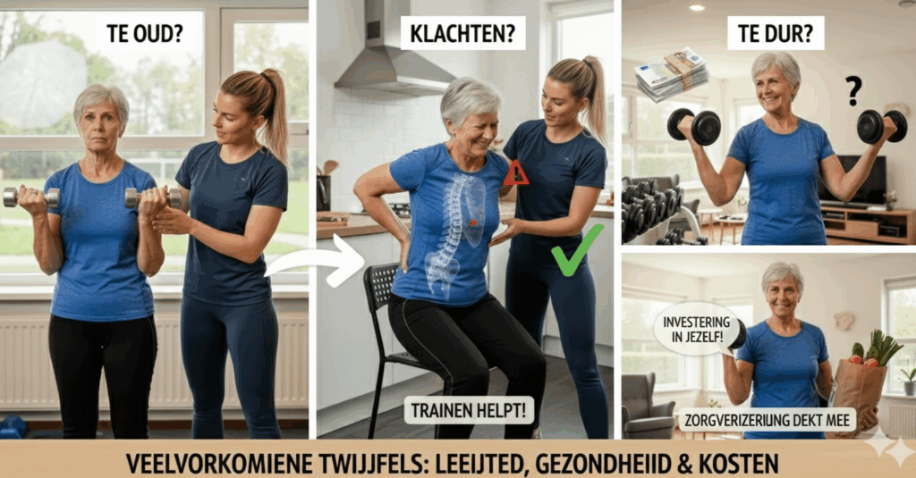A multi-panel image addressing common doubts about personal training: age, health complaints, and cost. Panels show: 1) "TE OUD?" (Too Old?) - older woman and trainer with a dumbbell; 2) "KLACHTEN?" (Complaints?) - older woman with back pain, illustrating "TRAINEN HELPT!" (Training Helps!); 3) "TE DUUR?" (Too Expensive?) - older woman holding weights and cash, contrasted with "INVESTERING IN JEZELF" (Investment in Yourself) and insurance covering costs.