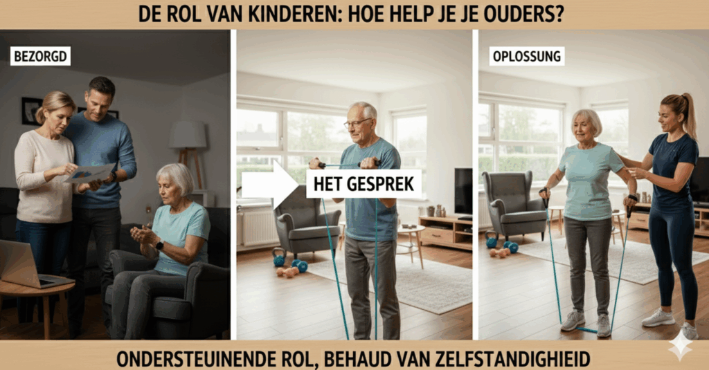 A three-panel image titled "DE ROL VAN KINDEREN: HOE HELP JE JE OUDERS?" (THE ROLE OF CHILDREN: HOW DO YOU HELP YOUR PARENTS?). It shows: 1) family members looking "BEZORGD" (Worried); 2) "HET GESPREK" (The Conversation) with the father exercising; and 3) "OPLOSSING" (Solution) with the mother training with a trainer. The bottom text emphasizes: "ONDERSTEUNENDE ROL, BEHOUD VAN ZELFSTANDIGHEID" (SUPPORTIVE ROLE, MAINTENANCE OF INDEPENDENCE).