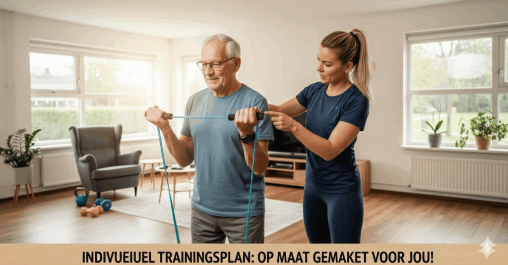 An older man performing an exercise with a resistance band, receiving guidance from a female personal trainer in a bright living room. The bottom text states: "INDIVIDUEEL TRAININGSPLAN: OP MAAT GEMAAKET VOOR JOU!" (INDIVIDUAL TRAINING PLAN: CUSTOM MADE FOR YOU!).