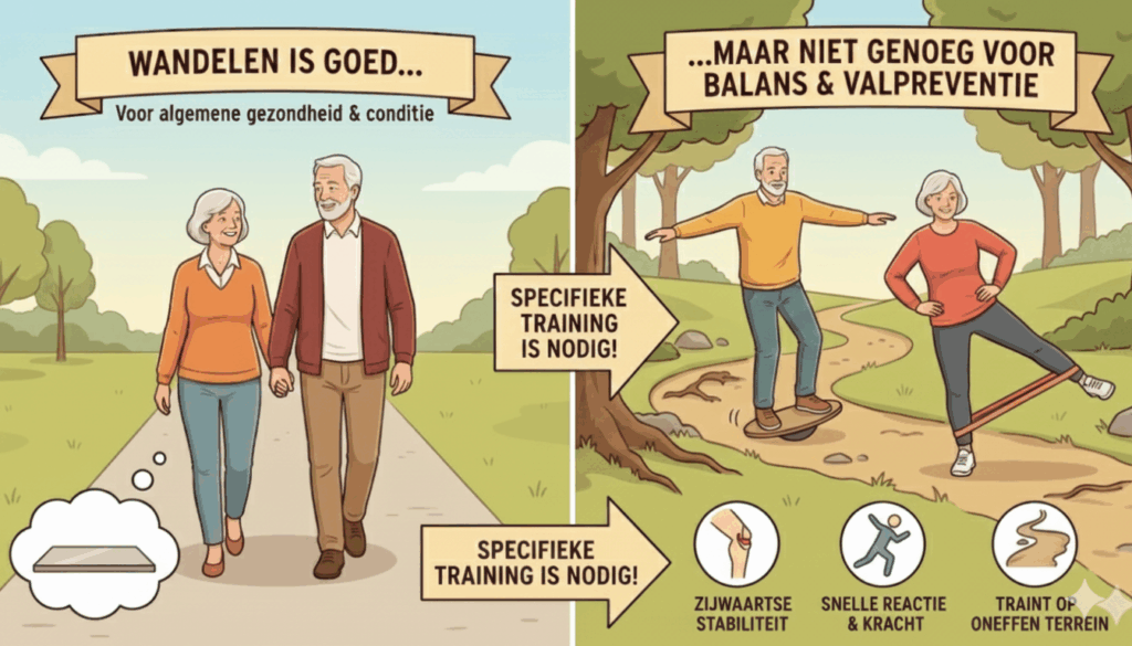 A visual infographic titled "STABILITEITSOEFENINGEN: JE WEG NAAR EEN ZEKER EVENWICHT" (Stability exercises: Your path to sure balance). It illustrates a four-step process for seniors to improve balance and reduce fall risk: 1) STRONGER MUSCLES (Sterkere Spieren) showing an older man doing a single-leg exercise; 2) IMPROVED COORDINATION (Verbeterde Coördinatie) showing an older woman balancing on a step; 3) FASTER REACTION (Snellere Reactie) showing an older man catching a trip; and 4) MORE SELF-CONFIDENCE (Meer Zelfvertrouwen) showing an older couple walking happily. The key message is "WETENSCHAPPELIJK BEWEZEN: MINDER VALRISICO & MEER VRIJHEID" (Scientifically proven: Less fall risk & more freedom).