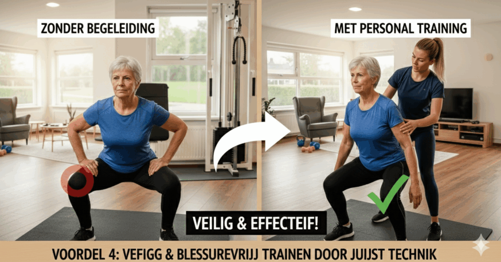 A side-by-side comparison of an older woman performing a squat. Left panel ("ZONDER BEGELEIDING" - Without Guidance): The woman performs the squat with incorrect form (highlighted by a red circle). Right panel ("MET PERSONAL TRAINING" - With Personal Training): The woman performs the squat with correct form (highlighted by a green checkmark) while being guided by a female trainer. The text below reads: "VOORDEEL 4: VEFIGG & BLESSUREVRIJ TRAINEN DOOR JUIST TECHNIEK" (ADVANTAGE 4: SAFE & INJURY-FREE TRAINING THROUGH CORRECT TECHNIQUE).
